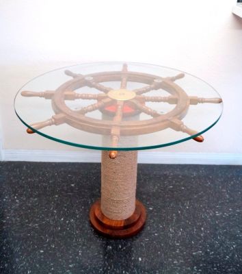 SH89640 - 30" Ship Wheel Table w/ 36" Glass & Rope Base.