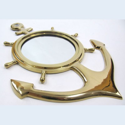 BR48252 - Brass Anchor Wheel Mirror, 18"