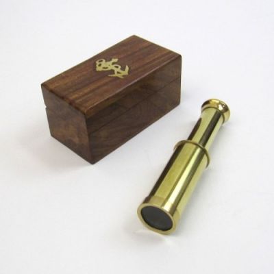 BR48256B - Solid Brass Pirate Telescope - Retractable with wooden box