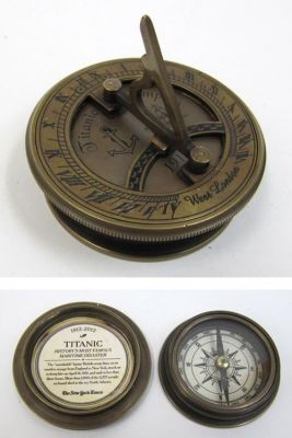 BR483939 - Engraved Brass Titanic Compass With Folding Sundial, Screw-On Lid, Hexagon Base