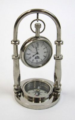 BR48654 - Brass Hanging Clock & Compass (Grey Face)