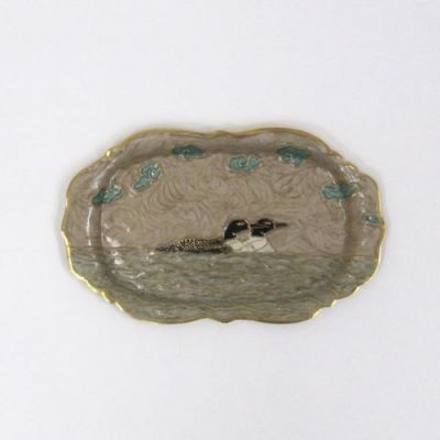 BR5002 - solid brass tray with 2 geese swimming under blue clouds