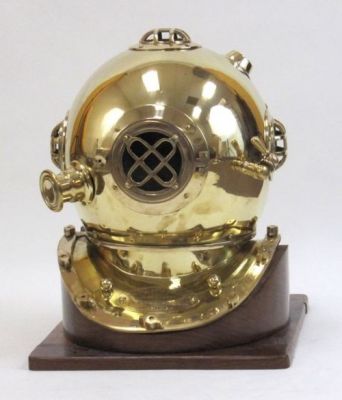 BR52554 - Brass Diver Helmet With Wooden Base Mark V Mod-1