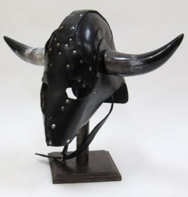 IR806594 - Studded Faux Leather Armor Helmet w/ Horns. Inner Lining And Chin Strap.