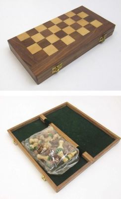 SH10653 - Wooden Chess box set with carved wooden chess pieces. Velvet lined