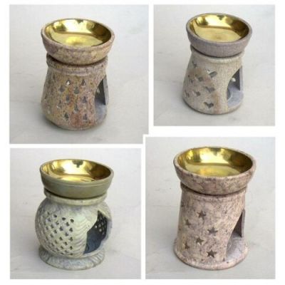 SS22488 - Soapstone Aroma Lamp With Brass Layered Bowl. Various designs.