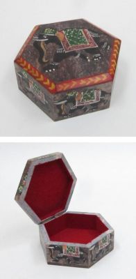 SS23184 - Soapstone Box, Hexagonal, Painted Elephant Design, Velvet Lined