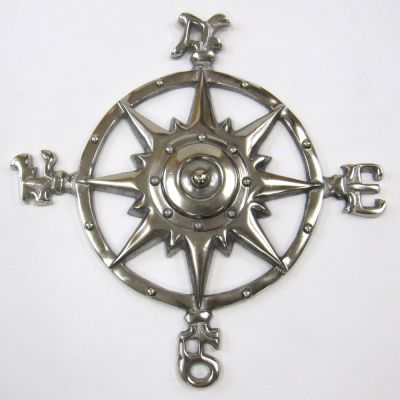 AL51120 - Aluminum Chrome Compass Rose Vintage Finish Nautical Beach House Wall Art Plaque - Wall Hanging Medallion Home Decoration